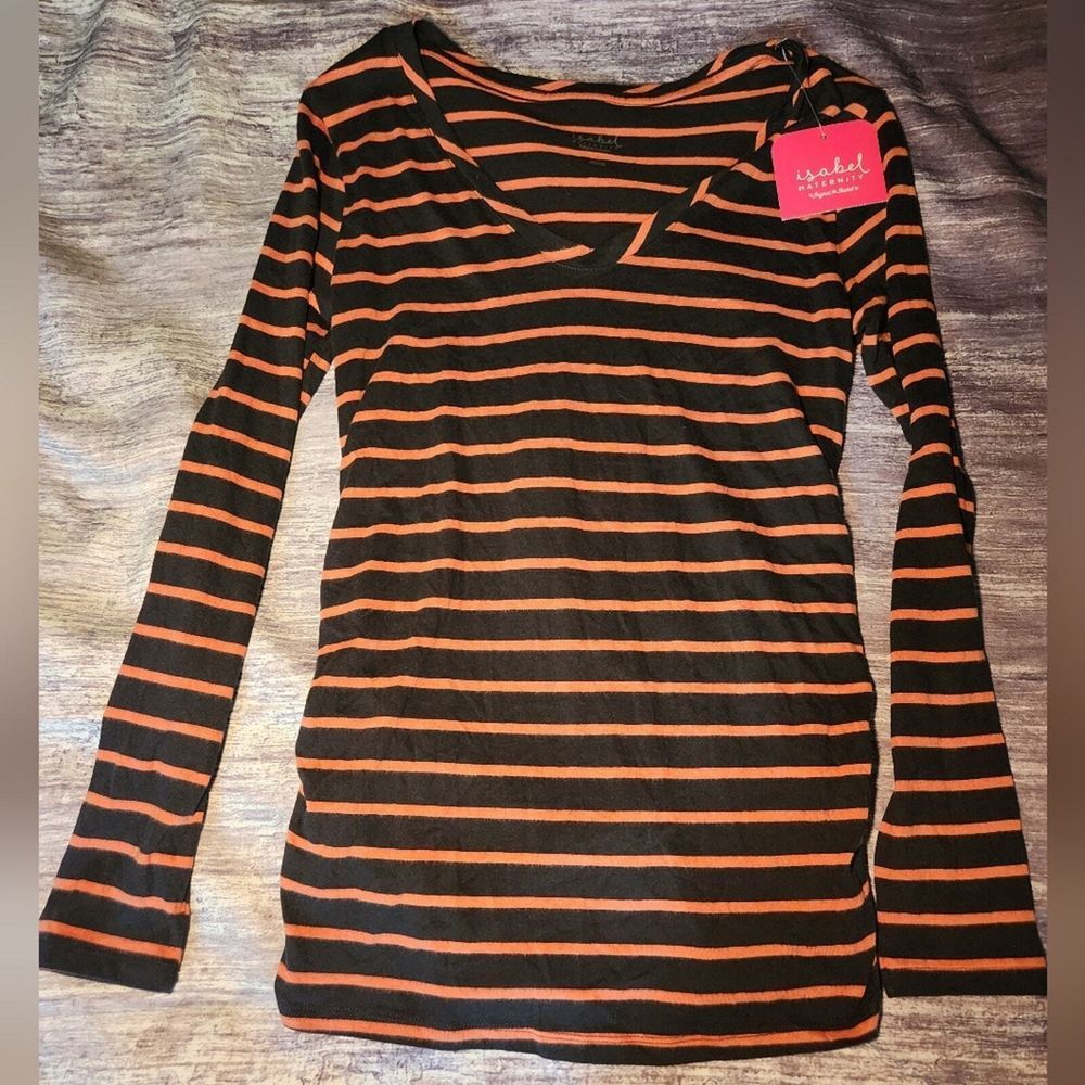 Isabel Maternity Black & Orange‎ Striped Long Sleeve V-Neck Top